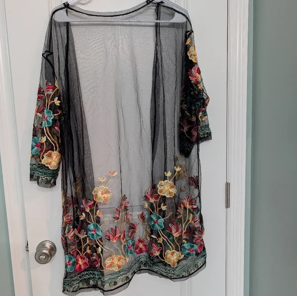 Sheer Floral Embroidered Kimono, - Picture 4 of 4